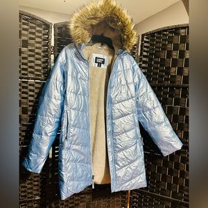 Lands’End Girls Winter Fleece Lined Down Metallic Blue Thermo Coat Size XL 16